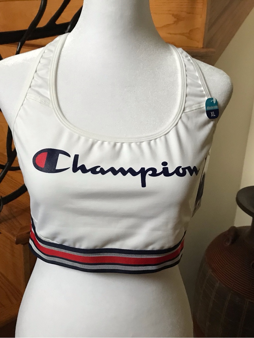 Champion White Sports Bra with Navy and Red Logo Stripe